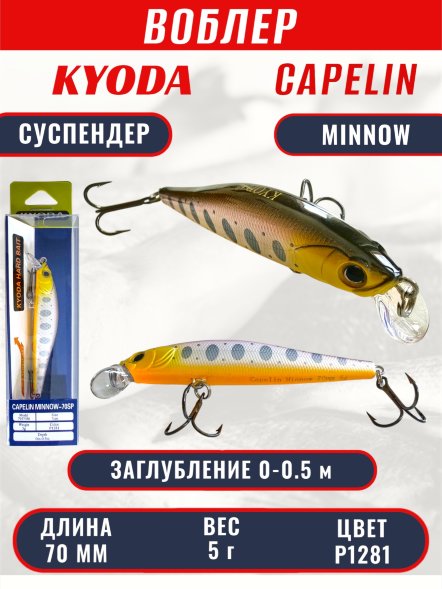 Воблер KYODA Capelin Minnow-70SP длина 7,0 см вес 5.0 гр цвет P1281 заглубление 0-0.5 м