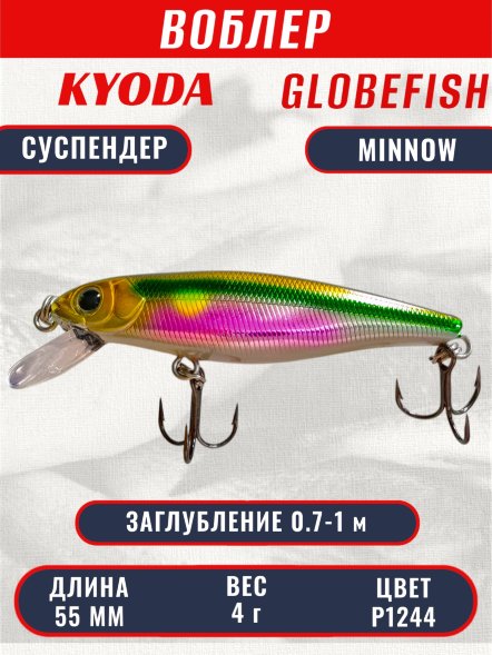 Воблер KYODA Globefish Minnow-55SP, длина 5,5 см, вес 4.0 гр цвет P1244, заглубление 0,7-1,0 м